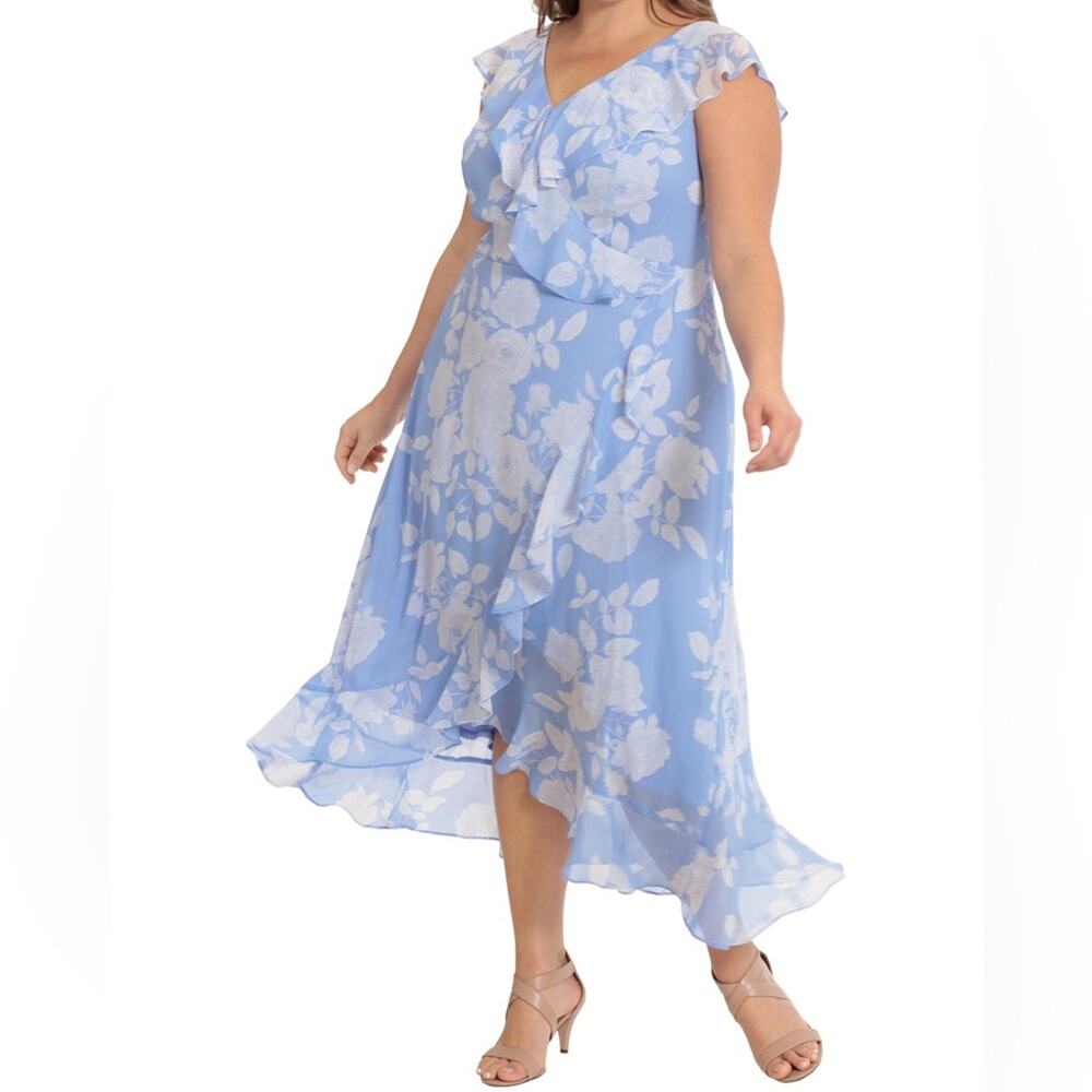 London Times Women’s Floral Ruffle Sleeveless Faux Wrap Maxi Dress Sz 12P